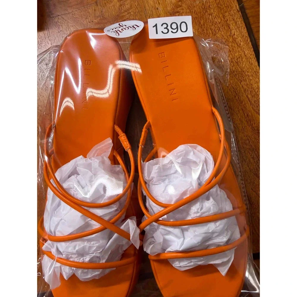 Billini Women's 10 Harris Orange Strappy Platform Sandals Chunky Wedge Slides